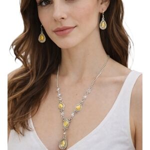 Avon Yellow Teardrop Necklace & Earrings Set Silver Tone Adjustable